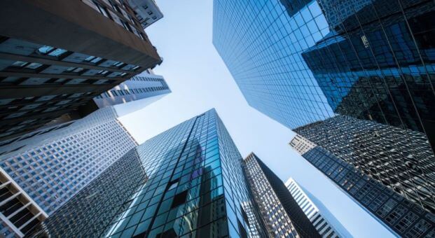 A view of modern skyscrapers used to represent the financial services industry
